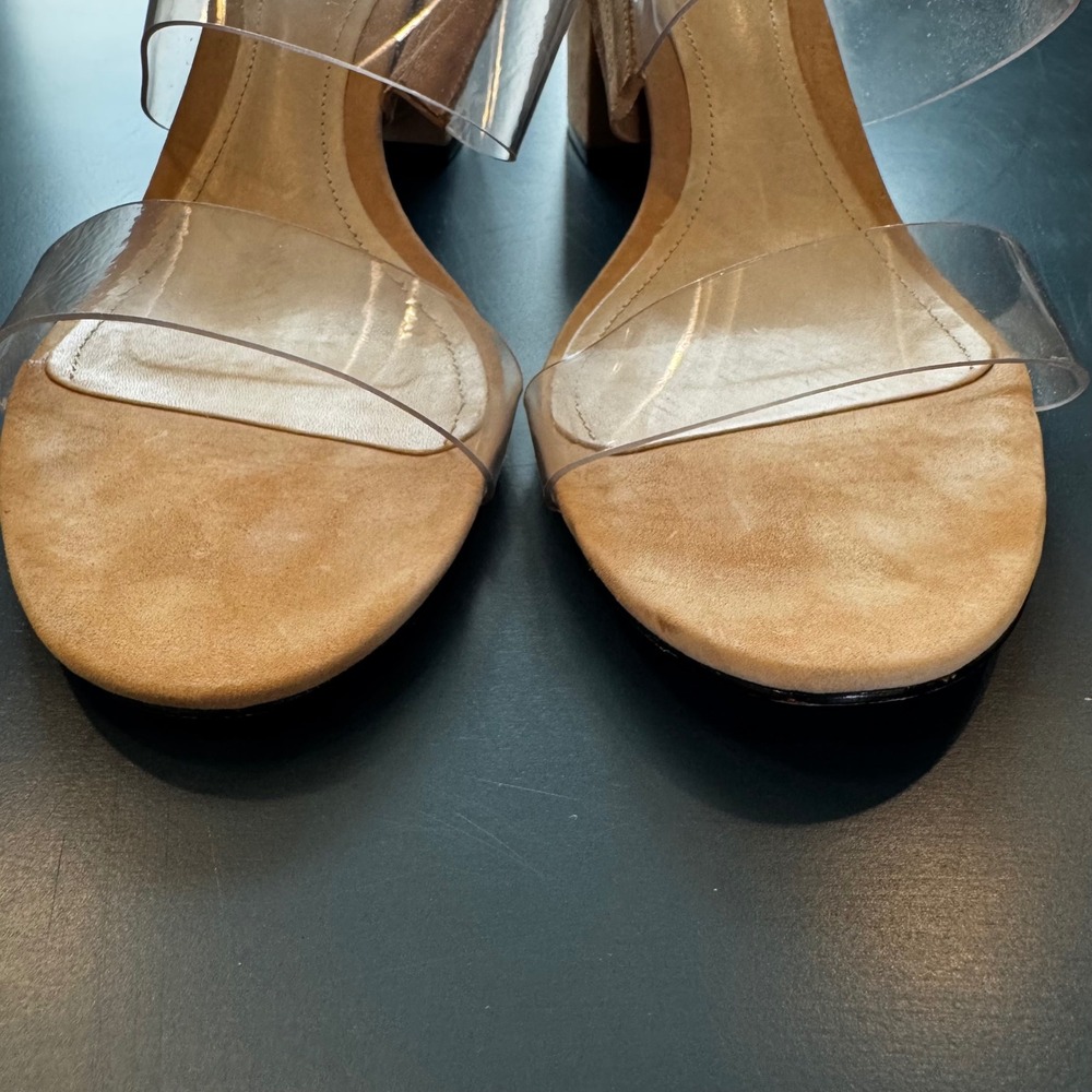 Schutz Women 9 B Clear Strap Tan Footbed Block Heel Slide Mule Sandals Neutral - Picture 8 of 16